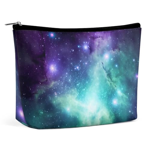 Reise-Make-up-Tasche aus PU-Leder mit grünem, blauem und violettem Galaxy-Muster, Kosmetiktasche für Damen, tragbarer Handtaschenverschluss-Organizer von KWQDOZF