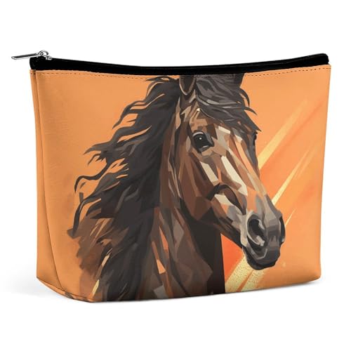 Reise-Make-up-Tasche aus PU-Leder mit orangefarbenem Hintergrund und Pferdekopf, Kosmetiktasche für Damen, tragbarer Handtaschenverschluss-Organizer von KWQDOZF