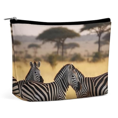 Reise-Make-up-Tasche mit Afrika-Grasland-Zebra, PU-Leder, Kosmetiktasche für Frauen, tragbarer Handtaschenverschluss-Organizer von KWQDOZF