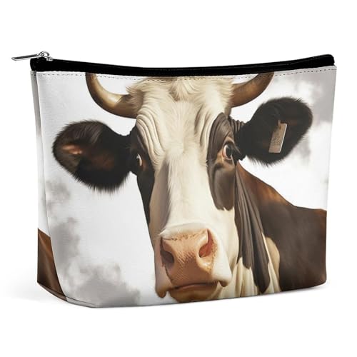 Reise-Make-up-Tasche mit Bauernhoftier-Kuh-Motiv, PU-Leder, Kosmetiktasche für Frauen, tragbarer Handtaschenverschluss-Organizer von KWQDOZF