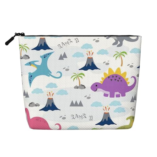 Reise-Make-up-Tasche mit Cartoon-Dinosaurier und großer Kapazität für Damen, wasserdichte, einlagige, tragbare Kosmetiktasche aus Hanfimitat mit Reißverschluss von KWQDOZF