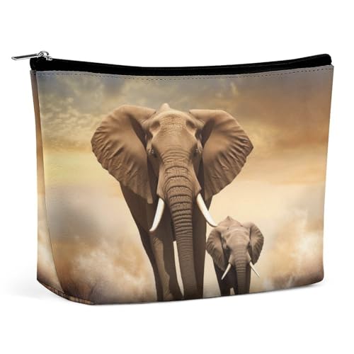 Reise-Make-up-Tasche mit Elefanten- und Elefantenbaby-Motiv, PU-Leder, Kosmetiktasche für Frauen, tragbarer Handtaschenverschluss-Organizer von KWQDOZF