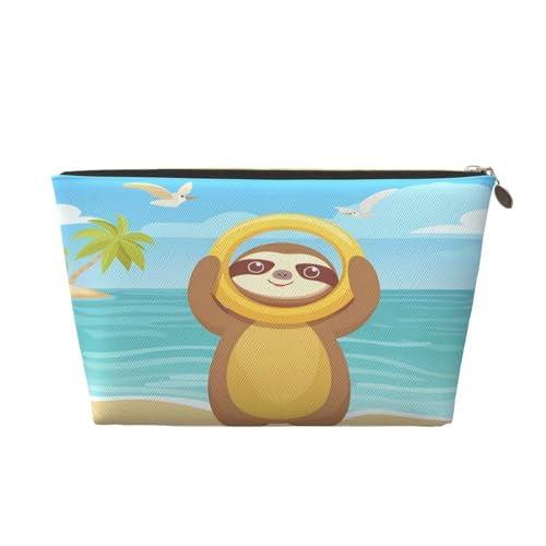 Reise-Make-up-Tasche mit Faultier-Strand für Damen, Sommer-Kosmetiktasche aus Leder, Kulturbeutel mit Reißverschluss von KWQDOZF