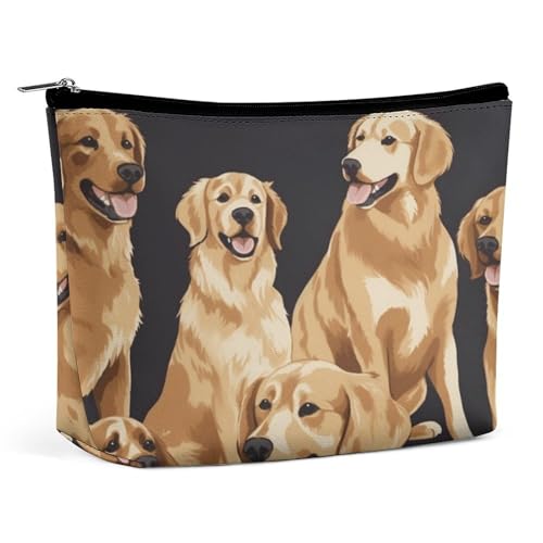 Reise-Make-up-Tasche mit Golden Retriever-Motiv, PU-Leder, Kosmetiktasche für Damen, tragbarer Handtaschenverschluss-Organizer von KWQDOZF