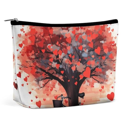 Reise-Make-up-Tasche mit Herz-Baum-Fahrrad-Motiv, PU-Leder, Kosmetiktasche für Frauen, tragbarer Handtaschenverschluss-Organizer von KWQDOZF