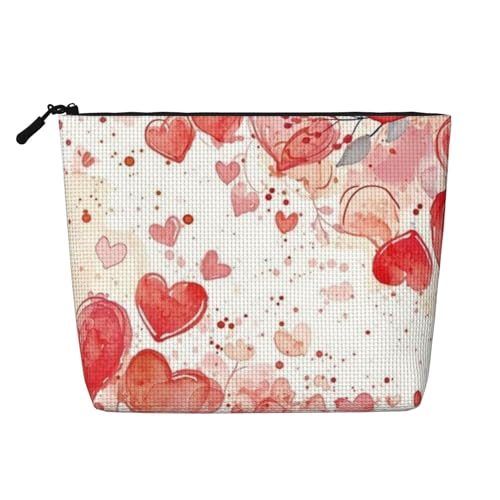 Reise-Make-up-Tasche mit großem Fassungsvermögen für Frauen mit Cartoon-Herz zum Valentinstag, wasserdichte, einlagige, tragbare Kosmetiktasche aus Hanfimitat mit Reißverschluss von KWQDOZF