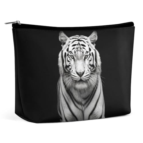 Reise-Make-up-Tasche mit schwarzem und weißem Tiger, PU-Leder, Kosmetiktasche für Frauen, tragbarer Handtaschenverschluss-Organizer von KWQDOZF