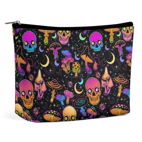 Reiseutensilien, wasserdichte Make-up-Tasche, große Kapazität, tragbare Kosmetiktasche mit Trippy Moon Skulls Mushrooms für Damen, Kosmetik-Organizer mit Reißverschluss von KWQDOZF