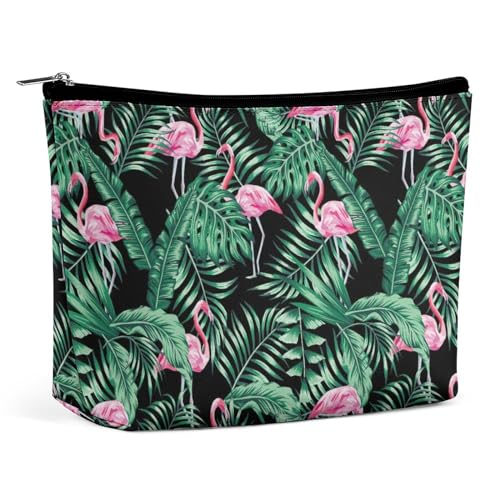 Reiseutensilien, wasserdichte Make-up-Tasche, große Kapazität, tragbare Kosmetiktasche mit rosa Flamingo, tropischen Palmen und Bananenblättern für Damen, Kosmetik-Organizer mit Reißverschluss von KWQDOZF