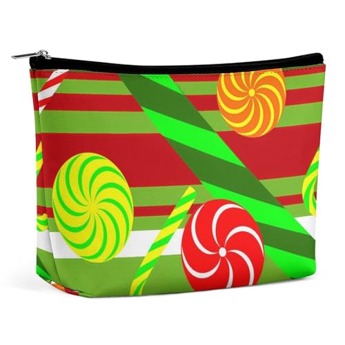 Reiseutensilien für Make-up, große wasserdichte Kosmetiktasche mit Zuckerstangen-Weihnachts-Rot-Grün-Streifen für Damen, tragbare Make-up-Pinseltasche mit Reißverschluss von KWQDOZF