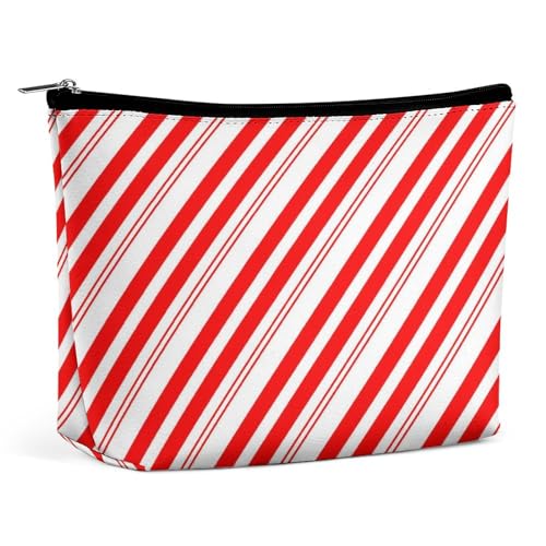 Reiseutensilien für Make-up, große wasserdichte Kosmetiktasche mit rot-weißen Streifen und Weihnachts-Zuckerstangen für Damen, tragbare Make-up-Pinseltasche mit Reißverschluss von KWQDOZF