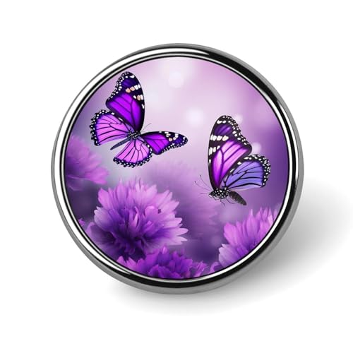 Runde Anstecknadeln aus Aluminiumlegierung für Herren, Broschen mit lila Blumen und Schmetterlingen, elegante Anstecknadel für Damen, modische Anstecker für Hüte, Jacken und Hemden von KWQDOZF