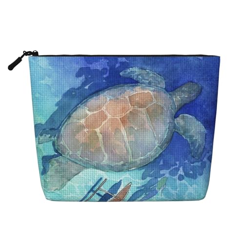 Schildkröten-Make-up-Tasche, Reisetasche mit großem Fassungsvermögen für Damen, wasserdichte, einlagige, tragbare Kosmetiktasche aus Hanfimitat mit Reißverschluss von KWQDOZF