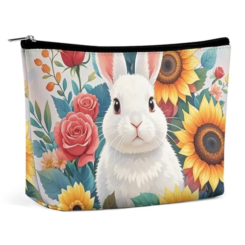 Schminktasche, Make-up-Organizer, Faltbare Kosmetiktasche, Aquarell-Kaninchen und Blumen, Bedruckt, Reise-Schminktasche für Frauen von KWQDOZF
