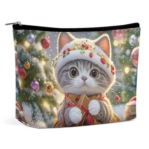 Schminktasche, Make-up-Organizer, Faltbare Kosmetiktasche, süße Katze singt Weihnachtslieder, Bedruckt, Reise-Schminktasche für Frauen von KWQDOZF
