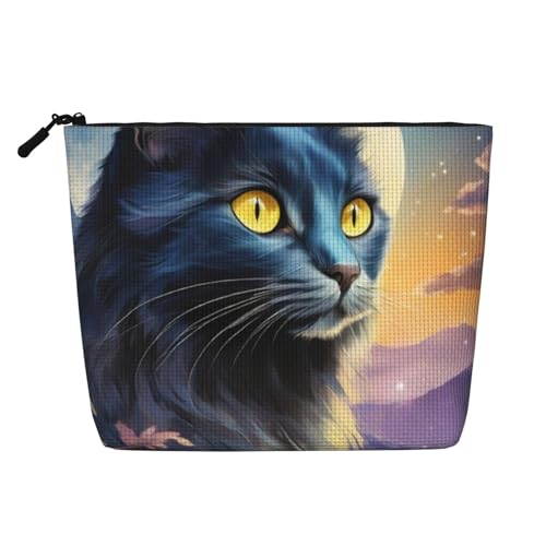 Schminktasche mit Mond- und schwarzer Katze, großes Reisevolumen für Damen, wasserdichte, einlagige, tragbare Kosmetiktasche mit Reißverschluss aus Hanfimitat, Kosmetiktasche von KWQDOZF
