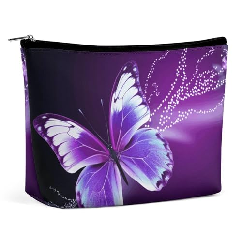 Schöne lila Schmetterlings-Reise-Make-up-Tasche aus PU-Leder für Frauen, tragbare Handtasche mit Verschluss-Organizer von KWQDOZF