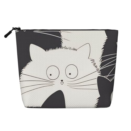 Schwarz-weiße Katzen-Make-up-Tasche, Reisetasche mit großem Fassungsvermögen für Damen, wasserdichte, einlagige, tragbare Kosmetiktasche aus Hanfimitat mit Reißverschluss von KWQDOZF