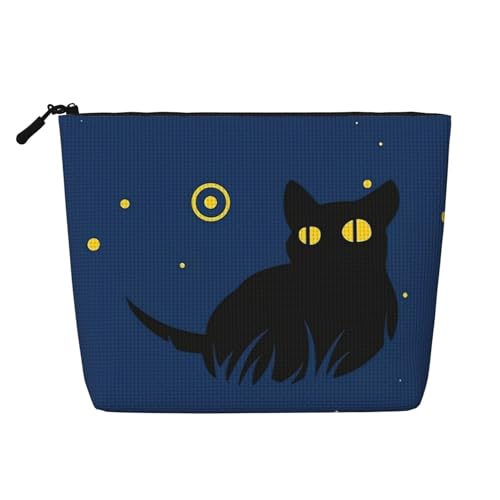 Schwarze Katzen-Make-up-Tasche, Reisetasche mit großem Fassungsvermögen für Damen, wasserdichte, einlagige, tragbare Kosmetiktasche aus Hanfimitat mit Reißverschluss von KWQDOZF