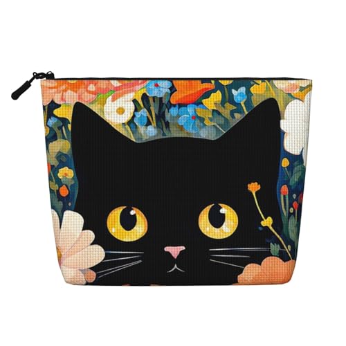 Schwarze Katzen-Make-up-Tasche, Reisetasche mit großem Fassungsvermögen für Damen, wasserdichte, einlagige, tragbare Kosmetiktasche aus Hanfimitat mit Reißverschluss von KWQDOZF