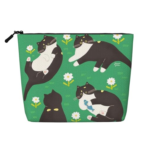 Schwarze Katzen-Make-up-Tasche, Reisetasche mit großem Fassungsvermögen für Damen, wasserdichte, einlagige, tragbare Kosmetiktasche aus Hanfimitat mit Reißverschluss von KWQDOZF