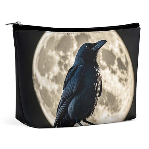 Schwarze Krähe auf Vollmond-Make-up-Tasche für Frauen, tragbar, wasserdicht, ästhetisch, tragbar, für Reisen und Arbeit von KWQDOZF