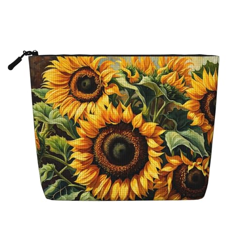 Sonnenblumen-Make-up-Tasche, große Kapazität für Reisen für Frauen, wasserdichte, einlagige, tragbare Kosmetiktasche aus Hanfimitat mit Reißverschluss von KWQDOZF