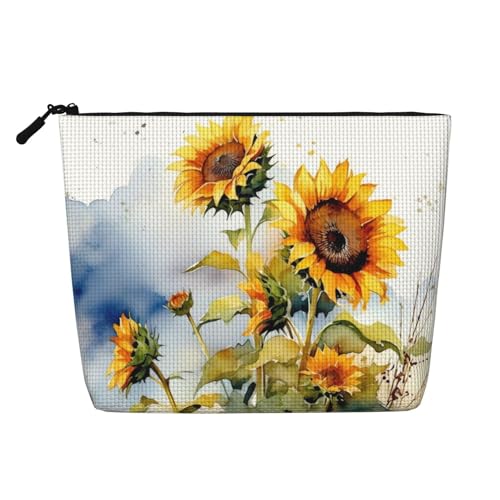 Sonnenblumen-Make-up-Tasche, große Kapazität für Reisen für Frauen, wasserdichte, einlagige, tragbare Kosmetiktasche aus Hanfimitat mit Reißverschluss von KWQDOZF