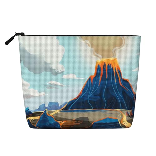 Spektakuläre Vulkan-Reise-Make-up-Tasche mit großem Fassungsvermögen für Damen, wasserdichte, einlagige, tragbare Kosmetiktasche aus Hanfimitat mit Reißverschluss von KWQDOZF