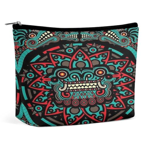 Tragbare Kosmetiktasche im Vintage-Stil mit antikem Maya-Aztekenkalender, multifunktionale Aufbewahrungstasche, PU-Make-up-Tasche, Schreibwaren-Organizer mit Reißverschluss für das Büro im Reunion-Sti von KWQDOZF