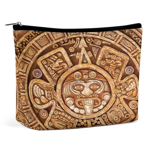 Tragbare Kosmetiktasche mit Aztekenkalender und Maya-Motiv, multifunktionale Aufbewahrungstasche, PU-Make-up-Tasche, Schreibwaren-Organizer mit Reißverschluss für das Büro bei Wiedersehen von KWQDOZF