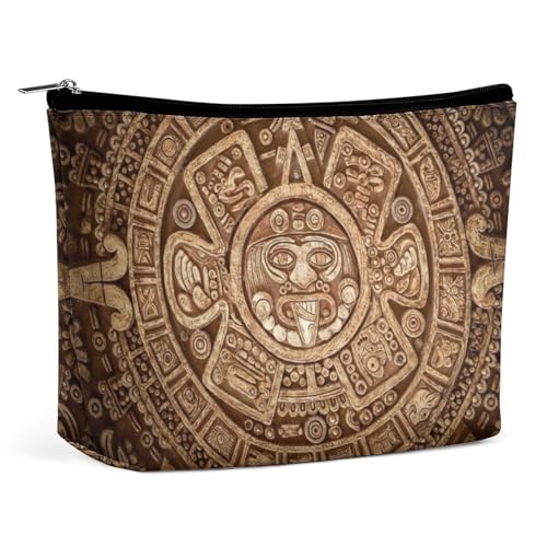 Tragbare Kosmetiktasche mit Aztekenkalender und Maya-Motiv, multifunktionale Aufbewahrungstasche, PU-Make-up-Tasche, Schreibwaren-Organizer mit Reißverschluss für das Büro bei Wiedersehen von KWQDOZF