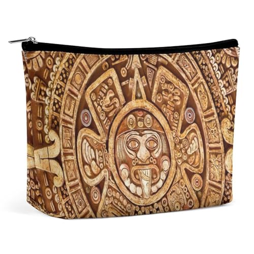 Tragbare Kosmetiktasche mit Aztekenkalender und Maya-Motiv, multifunktionale Aufbewahrungstasche, PU-Make-up-Tasche, Schreibwaren-Organizer mit Reißverschluss für das Büro bei Wiedersehen von KWQDOZF