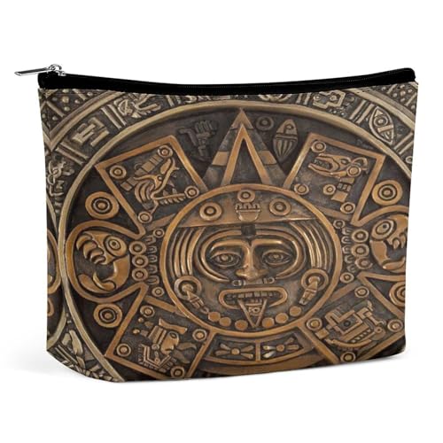 Tragbare Kosmetiktasche mit Aztekenkalender und Maya-Motiv, multifunktionale Aufbewahrungstasche, PU-Make-up-Tasche, Schreibwaren-Organizer mit Reißverschluss für das Büro bei Wiedersehen von KWQDOZF