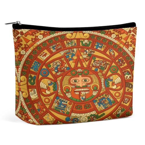 Tragbare Kosmetiktasche mit Aztekenkalender und Maya-Sonnenstein, multifunktionale Aufbewahrungstasche, PU-Make-up-Tasche, Schreibwaren-Organizer mit Reißverschluss für das Büro bei Treffen von KWQDOZF