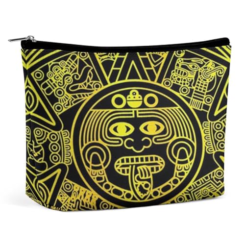 Tragbare Kosmetiktasche mit Aztekenkalender und Maya-Sonnenstein, multifunktionale Aufbewahrungstasche, PU-Make-up-Tasche, Schreibwaren-Organizer mit Reißverschluss für das Büro bei Treffen von KWQDOZF