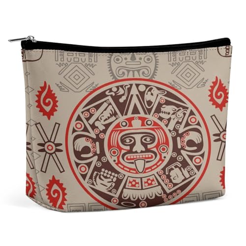 Tragbare Kosmetiktasche mit Aztekenkalender und Maya-Sonnenstein, multifunktionale Aufbewahrungstasche, PU-Make-up-Tasche, Schreibwaren-Organizer mit Reißverschluss für das Büro bei Treffen von KWQDOZF