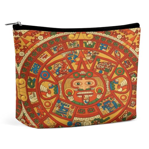 Tragbare Kosmetiktasche mit Aztekenkalender und Maya-Sonnenstein, multifunktionale Aufbewahrungstasche, PU-Make-up-Tasche, Schreibwaren-Organizer mit Reißverschluss für das Büro bei Treffen von KWQDOZF