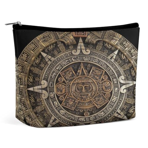 Tragbare Kosmetiktasche mit Aztekenkalender und Maya-Sonnenstein, multifunktionale Aufbewahrungstasche, PU-Make-up-Tasche, Schreibwaren-Organizer mit Reißverschluss für das Büro bei Treffen von KWQDOZF