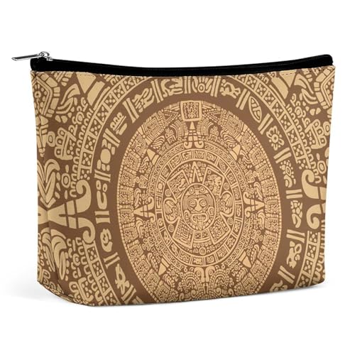 Tragbare Kosmetiktasche mit Aztekenkalender und Maya-Sonnenstein, multifunktionale Aufbewahrungstasche, PU-Make-up-Tasche, Schreibwaren-Organizer mit Reißverschluss für das Büro bei Treffen von KWQDOZF