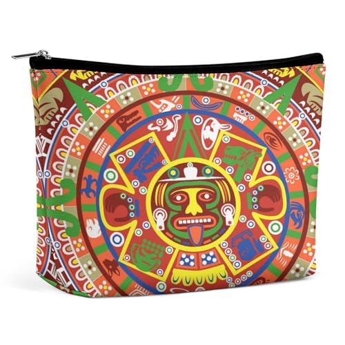 Tragbare Kosmetiktasche mit Aztekenkalender und Maya-Sonnenstein, multifunktionale Aufbewahrungstasche, PU-Make-up-Tasche, Schreibwaren-Organizer mit Reißverschluss für das Büro bei Treffen von KWQDOZF