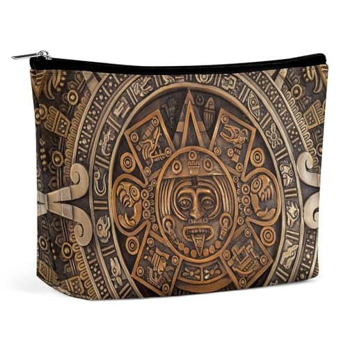 Tragbare Kosmetiktasche mit Aztekenkalender und Maya-Sonnenstein, multifunktionale Aufbewahrungstasche, PU-Make-up-Tasche, Schreibwaren-Organizer mit Reißverschluss für das Büro im Reunion-Stil von KWQDOZF