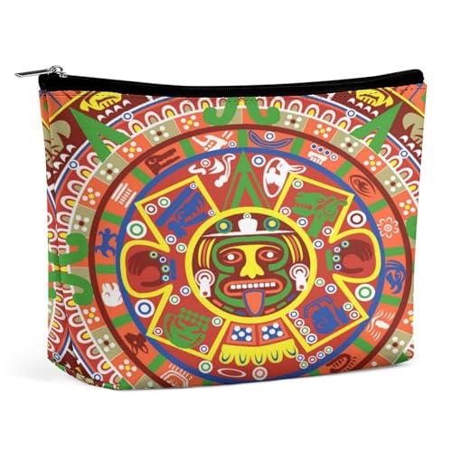 Tragbare Kosmetiktasche mit Aztekenkalender und Maya-Sonnenstein, multifunktionale Aufbewahrungstasche, PU-Make-up-Tasche, Schreibwaren-Organizer mit Reißverschluss für das Büro im Reunion-Stil von KWQDOZF