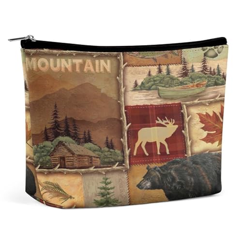 Tragbare Kosmetiktasche mit Karomuster, Motiv: Rustikale Hütte, Wild Lodge, Bärenkaro, kariert, multifunktionale Aufbewahrungstasche, PU-Make-up-Tasche, Schreibwaren-Organizer mit Reißverschluss für d von KWQDOZF