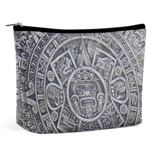 Tragbare Kosmetiktasche mit antikem Aztekenkalender und Maya-Sonnenstein, multifunktionale Aufbewahrungstasche, PU-Make-up-Tasche, Schreibwaren-Organizer mit Reißverschluss für das Büro bei einer Vers von KWQDOZF
