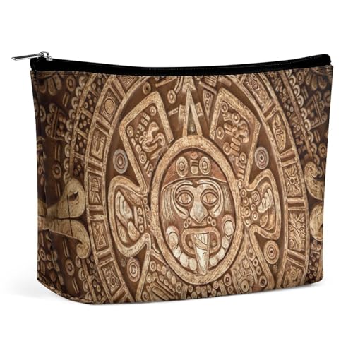 Tragbare Kosmetiktasche mit antikem Aztekenkalender und Maya-Sonnenstein, multifunktionale Aufbewahrungstasche, PU-Make-up-Tasche, Schreibwaren-Organizer mit Reißverschluss für das Büro bei einer Vers von KWQDOZF