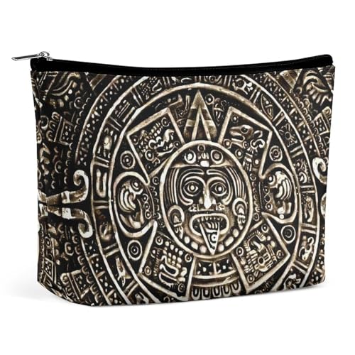 Tragbare Kosmetiktasche mit antikem Aztekenkalender und Maya-Sonnenstein, multifunktionale Aufbewahrungstasche, PU-Make-up-Tasche, Schreibwaren-Organizer mit Reißverschluss für das Büro bei einer Vers von KWQDOZF