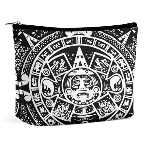 Tragbare Kosmetiktasche mit antikem Aztekenkalender und Maya-Sonnenstein, multifunktionale Aufbewahrungstasche, PU-Make-up-Tasche, Schreibwaren-Organizer mit Reißverschluss für das Büro bei einer Vers von KWQDOZF