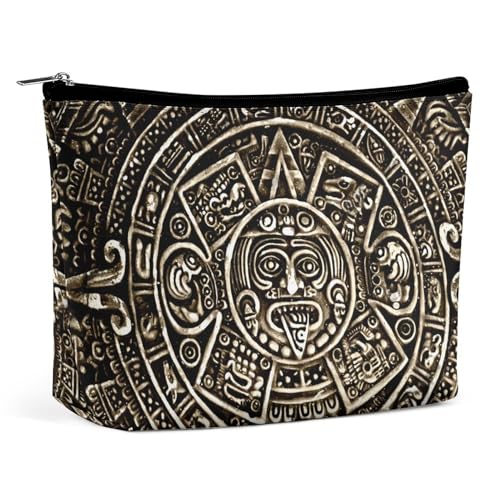Tragbare Kosmetiktasche mit antikem Aztekenkalender und Maya-Sonnenstein, multifunktionale Aufbewahrungstasche, PU-Make-up-Tasche, Schreibwaren-Organizer mit Reißverschluss für das Büro im Reunion-Sti von KWQDOZF