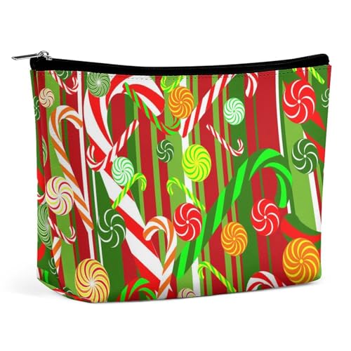 Tragbare Make-up-Tasche für Damen, Kosmetiktasche für Reiseutensilien, Weihnachts-Rot-Grün-Süße-Zuckerstange, Make-up-Tasche aus PU-Leder mit großer Kapazität, wasserdichte Kulturtasche von KWQDOZF